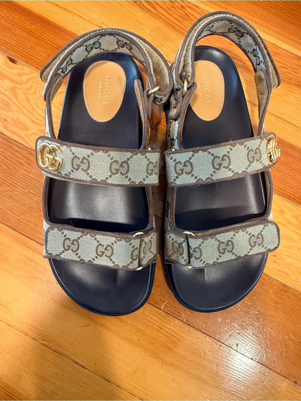Gucci Beige GG Canvas & Black Leather Sport Sandals